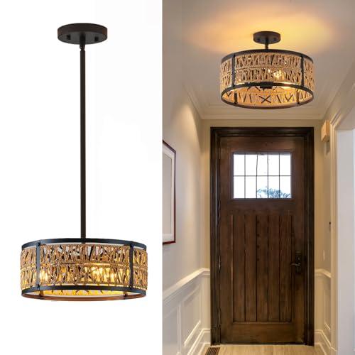 Bsyormak Rattan Chandelier - Boho Rattan Pendant Light, 3 Lights Black Metal Light Fixtures Boho Hanging Light, Farmhouse Chandelier for Dining Room, Bedroom