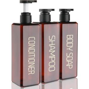 Shampoo and Conditioner Dispenser Shower Soap Bottles 3 Pack 550ml/18.6oz Refillable Shampoo Pump Bottle Dispenser Plastic Empty Body Wash Dispensers with Stylish Permanent Labels for Bathroom (Brown)