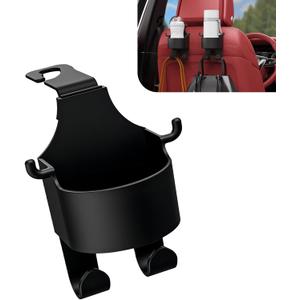 1 PC Seat Backrest Cup Holder, High Load Cell Phone/Mug/Umbrella Hanging Bag 3-in-1 PU Holder with Long/Short Hooks, Multi-functional Storage Accessory, Universal Fit for Most Cars (Black)