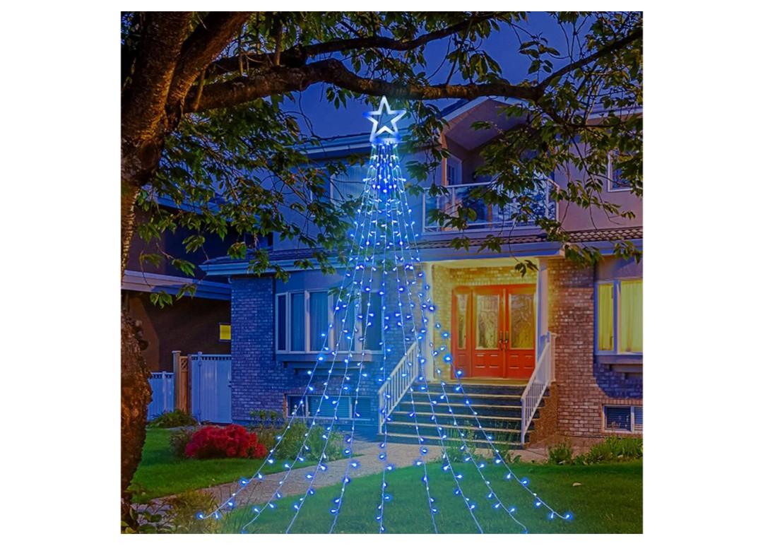 Christmas Decorations Star String Lights, 320 LED Waterfall Tree Lights with 13" Topper Star 8 Lighting Modes Indoor Outdoor Decorative for New Year, Holiday, Wedding, Party