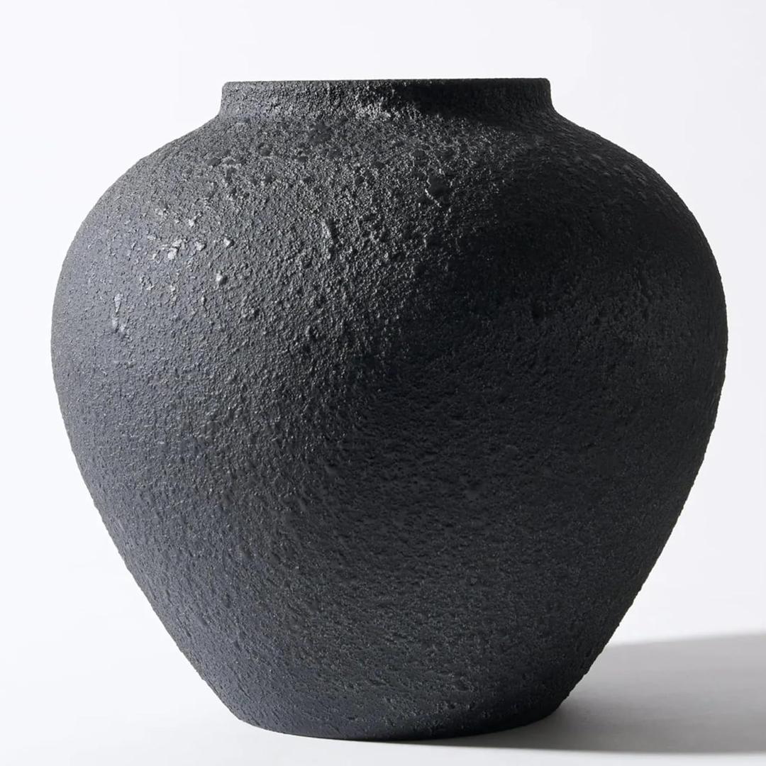 Large Black Round Vase for Flowers & Table Centerpieces - 11 Inch Rustic Textured Earthy Stone Look, Matte Big Decorative Arina Modern Farmhouse Wabi Sabi Decor for Living Room, Dining, Coffee Table