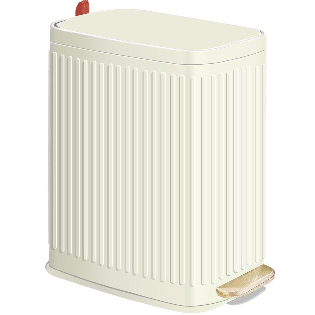Small Bathroom Trash Can with Air Freshener Soft Close Lid, 6 Liter/ 1.6 Gallon Stainless Steel Garbage Can with Removable Inner Bucket,Step Pedal, Slim Wastebasket for Bedroom, Toilet (Ivory White)