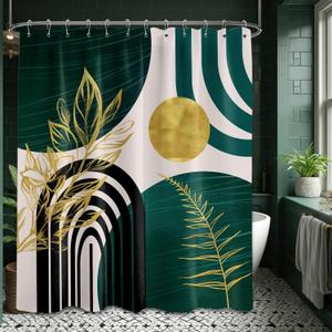 Dark Green Shower Curtain Boho Mid Century Modern Emerald Hunter Green and Gold Shower Curtains for Bathroom Decor, Waterproof Cloth Fabric with Hooks, 70" W x 84" L