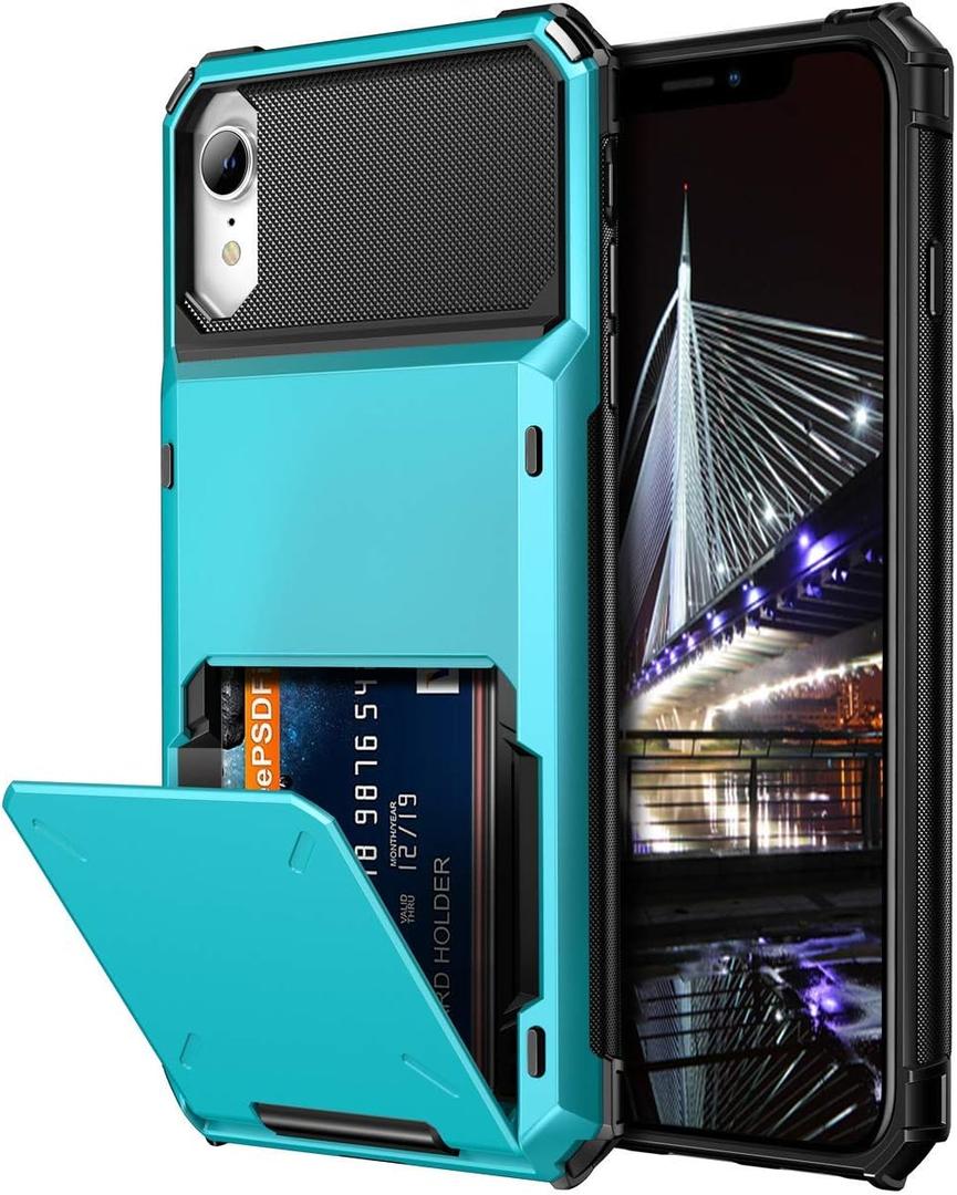 Vofolen Case for iPhone XR Case 10R Wallet ID Slot Credit Card Holder Spring Pocket Scratch Resistant Dual Layer Protective Bumper Rugged TPU Rubber Armor Hard Shell Cover for iPhone XR 10R Light Blue