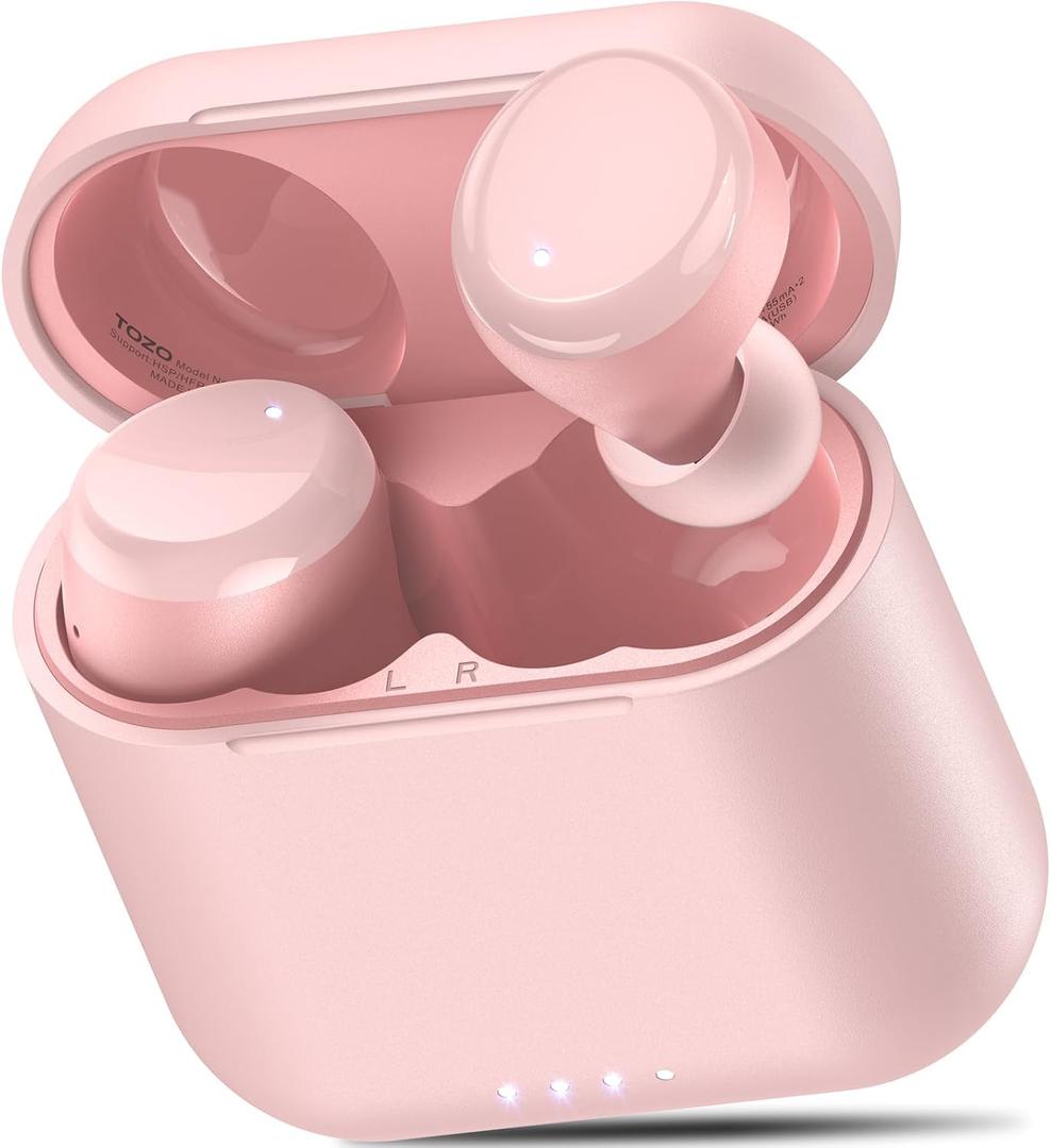 TOZO T6 Wireless Earbuds, Bluetooth 5.3 Ear Buds, Stereo Sound in Ear Headphones, 50 Hours Playtime, Wireless Charging Case, APP Customizable EQs, IPX8 Waterproof Earphones (Small, Pink)