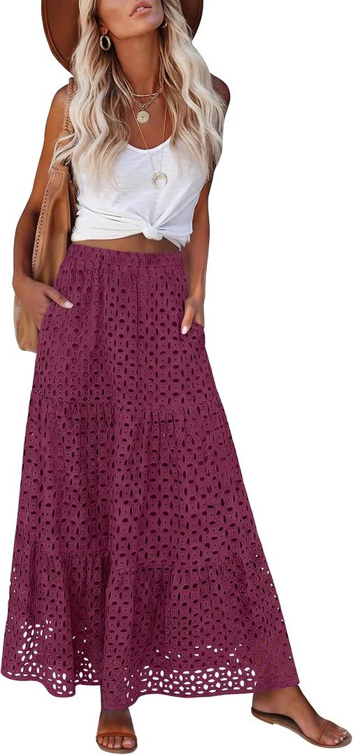 ANRABESS Womens Boho Maxi Skirts,Tiered Eyelet High Waist, Flowy & A-Line for Beach Vacation,Versatile Summer Long Skirt (Red, M)