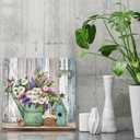 LAIART Farmhouse Decor Canvas Wall Art Lavender White Flowers Picture Vintage Wood Grain Modern Home Artwork, 20"L x 20"W