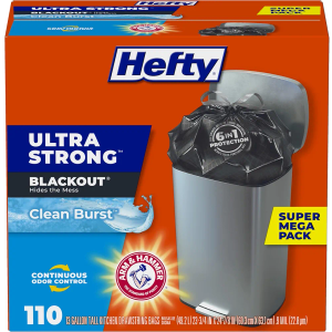 Hefty Ultra Strong Trash Bags, Black Tall Kitchen Trash Bags 13 Gallon Size, Break Resistant Drawstring Enclosure, Continuous Odor Control, Blackout, Clean Burst Scent, 110 Bags