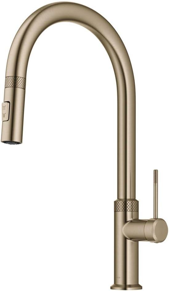 KRAUS Oletto Modern Industrial Pull-Down Single Handle Kitchen Faucet in Brushed Gold, KPF-2654BG (17 3/8 inch)