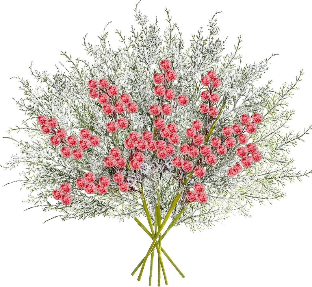 GoClimber 6 Pcs Snowy Artificial Cedar Picks with Red Berries, Christmas Tree Picks Frosted Faux Cedar Sprays with Greenery Branches Stems, Floral Picks for Vase Fillers Craft Wreath Holiday Dcor