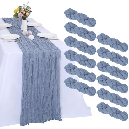 RestfulGlow 12 Pack Dusty Blue Cheesecloth Table Runner 10FT Cheese Cloth Boho Gauze Fabric Table Runner 35 x 120 Inch Rustic Sheer for Holiday Wedding Decor Baby Shower Party Decoration(Dusty Blue)