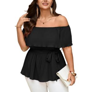 SCOMCHIC Plus Size Off The Shoulder Peplum Tops for Women Summer Ruffle Hem Blouse Chiffon Babydoll Top (Black, XXXL)