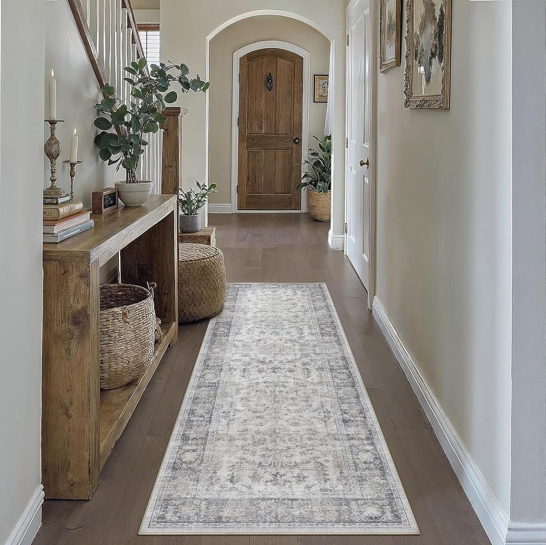PureCozy 2x6 Grey Runner Rug Vintage Area Carpet Hallway Indoor Kitchen Washable Low Pile Traditional Distressed Retro Accent Throw Boho Rug Non Slip for Laundry Bathroom Office
