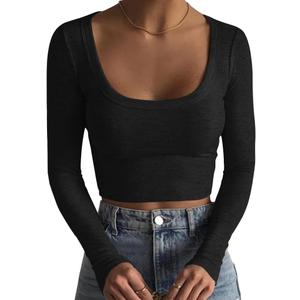 Artfish Women's Square Neck Long Sleeve Ribbed Slim Fitted Casual Basic Crop Top (S, Black)