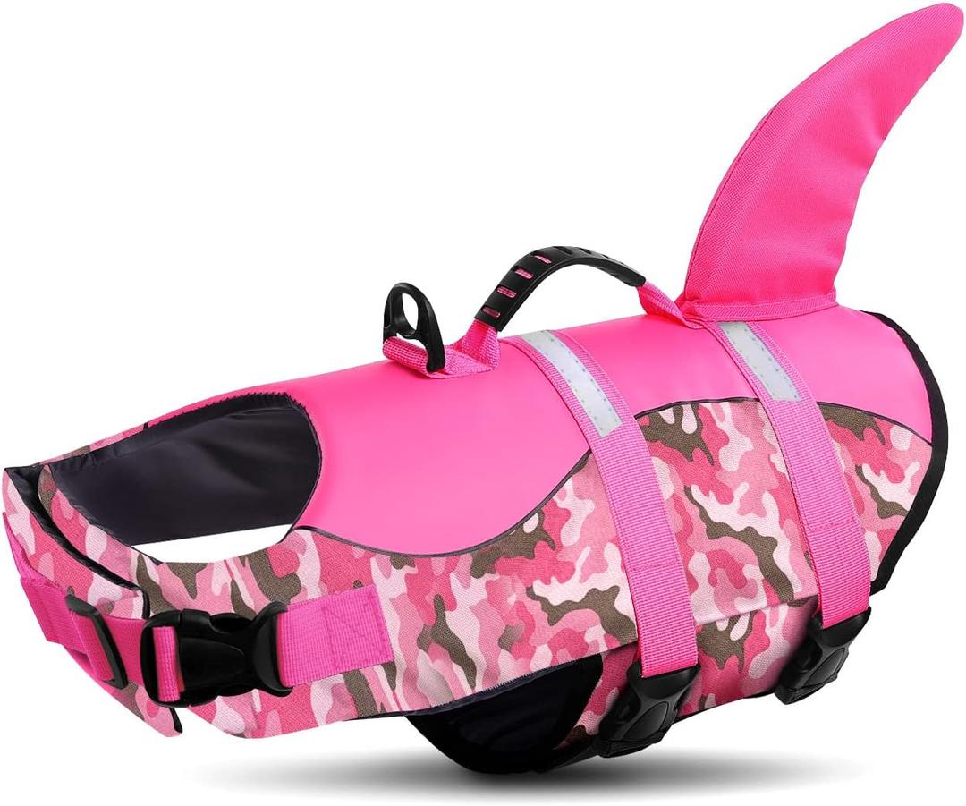 Queenmore Dog Life Jacket Ripstop Dog Shark Safety Vest Adjustable Preserver with High Buoyancy and Durable Rescue Handle, Pink Camouflage, Size: Large Queenmore Dog Life Jacket Ripstop Dog Shark Safety Vest Adjustable Preserver with High Buoyancy and Durable Rescue Handle, Pink Camouflage, Size: Large