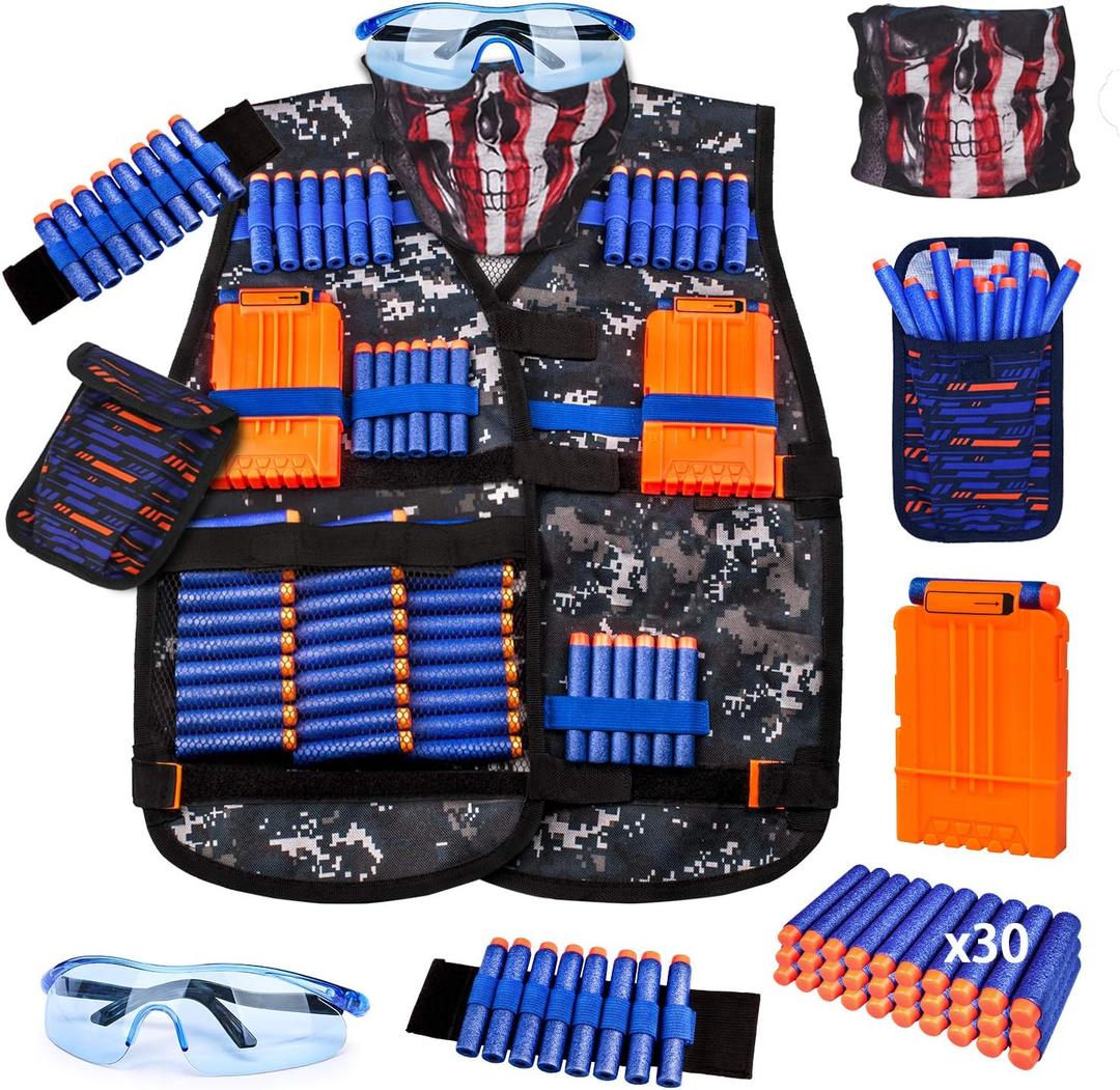 Kids Tactical Vest Kit for Nerf Guns Series with Refill Darts,Dart Pouch, Reload Clips, Tactical Mask, Wrist Band and Protective Glasses, Toys for 8 9 10 11 12 Year Boys