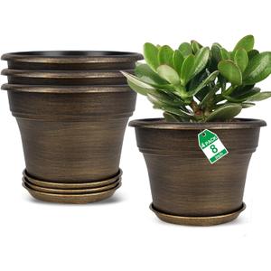 Plant Planters Pots Set of 4 Pack 8 Inch, Plastic Flower Pot For Indoor Plants With Drainage Holes & Trays, Resin Decorative Container Sets With Saucer For House Outdoor Garden Planters Dark Gold