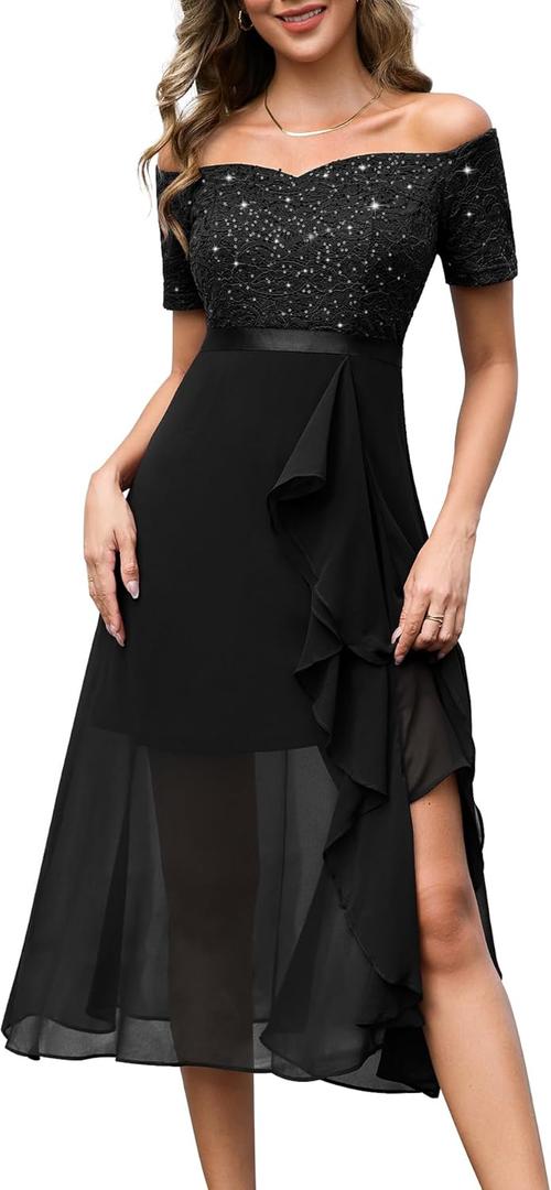 BeryLove Women Sequin Formal Party Dress Off Shoulder Wedding Cocktail Midi Evening Dress (Medium, Black)