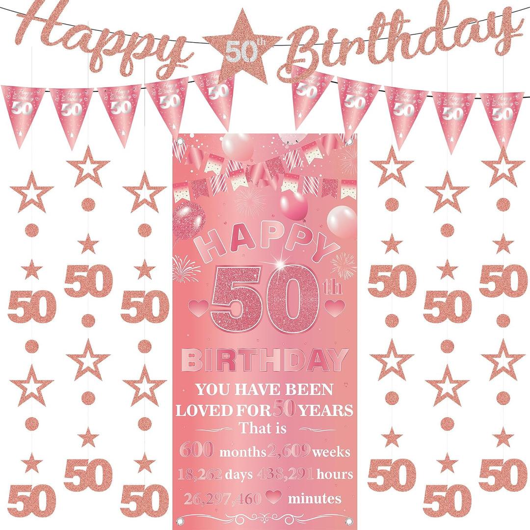 50th Birthday Decorations Banner Women - 9 Pcs Rose Gold Happy 50th Bday Backdrop Number 50 Star Hanging Garland Streamers Triangle Flag Party Supplies for Adult Cheers Fifty Year Old Decor