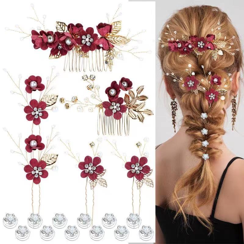 Cinaci 18 Pieces Bridal Wedding Party Prom Pearl Rhinestone Burgundy Flower Hair Side Combs Slides+U-shaped Flower Hair Pins+Twist Spiral Hairpins Floral Headpieces for Brides Bridesmaids Women Girls