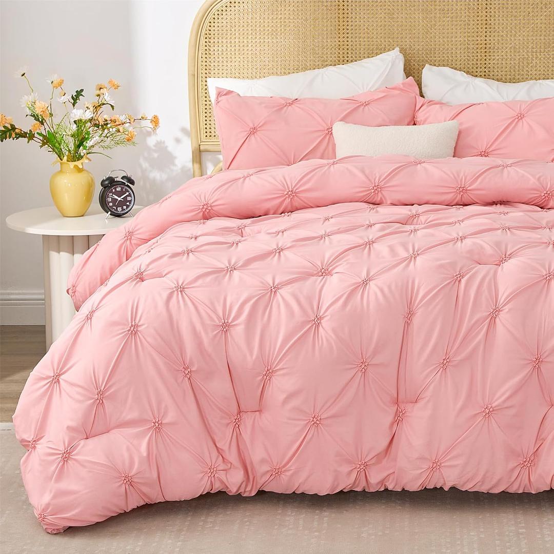 BEDELITE Pink Comforter Set Queen - 3 Pieces Boho Pintuck Bedding Comforter Sets, Lightweight Soft & Warm Bed Comforter Queen with 2 Pillowcases for All Season (Queen(88"x88"))