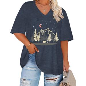 HDLTE Plus Size Tops for Women Oversized Graphic Tshirt V Neck Summer Tees Short Sleeve Casual Loose Fit Blouses (Blue, XXL)