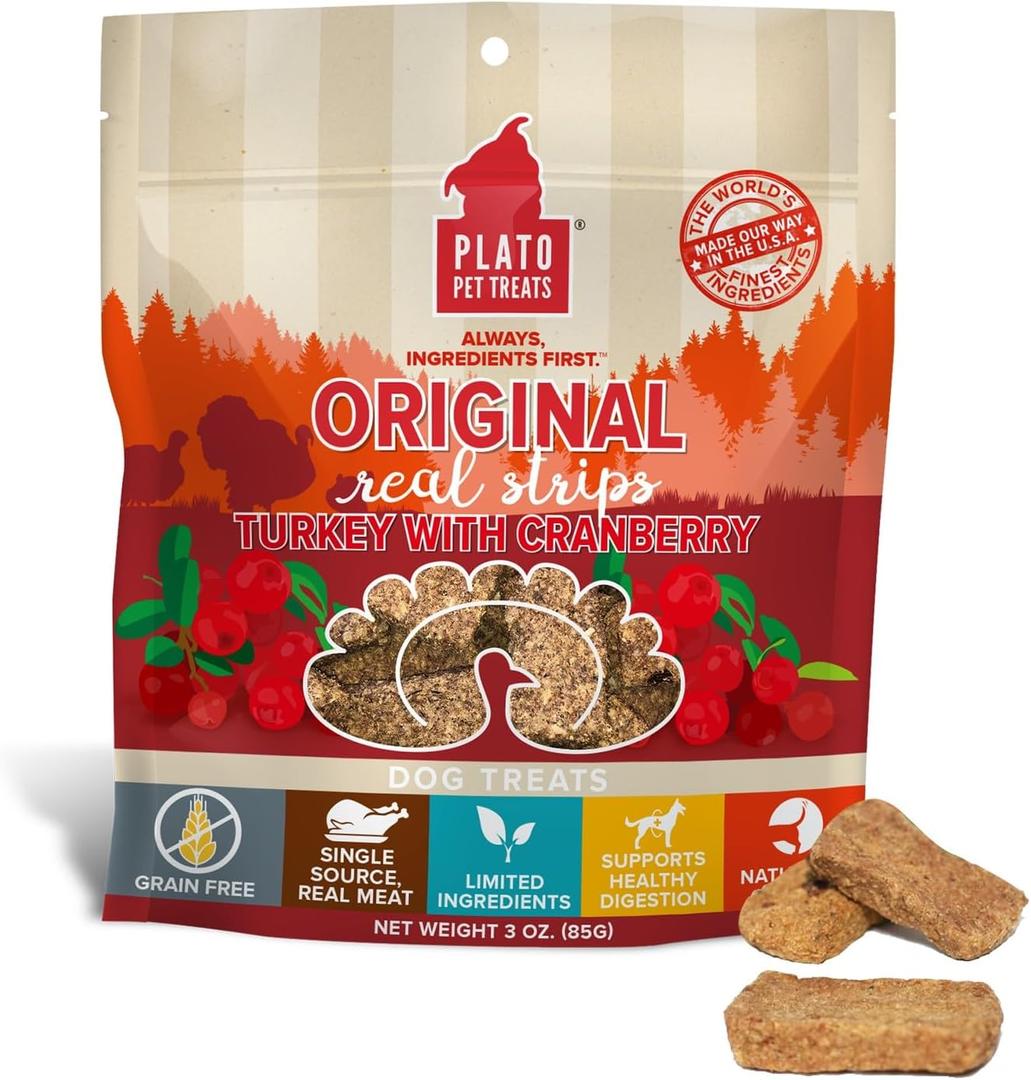 PLATO Turkey Real Strips Natural Dog Treats - Real Meat - Air Dried - Made in the USA - Turkey & Cranberry, 3 ounces (EXP 02/14/26)