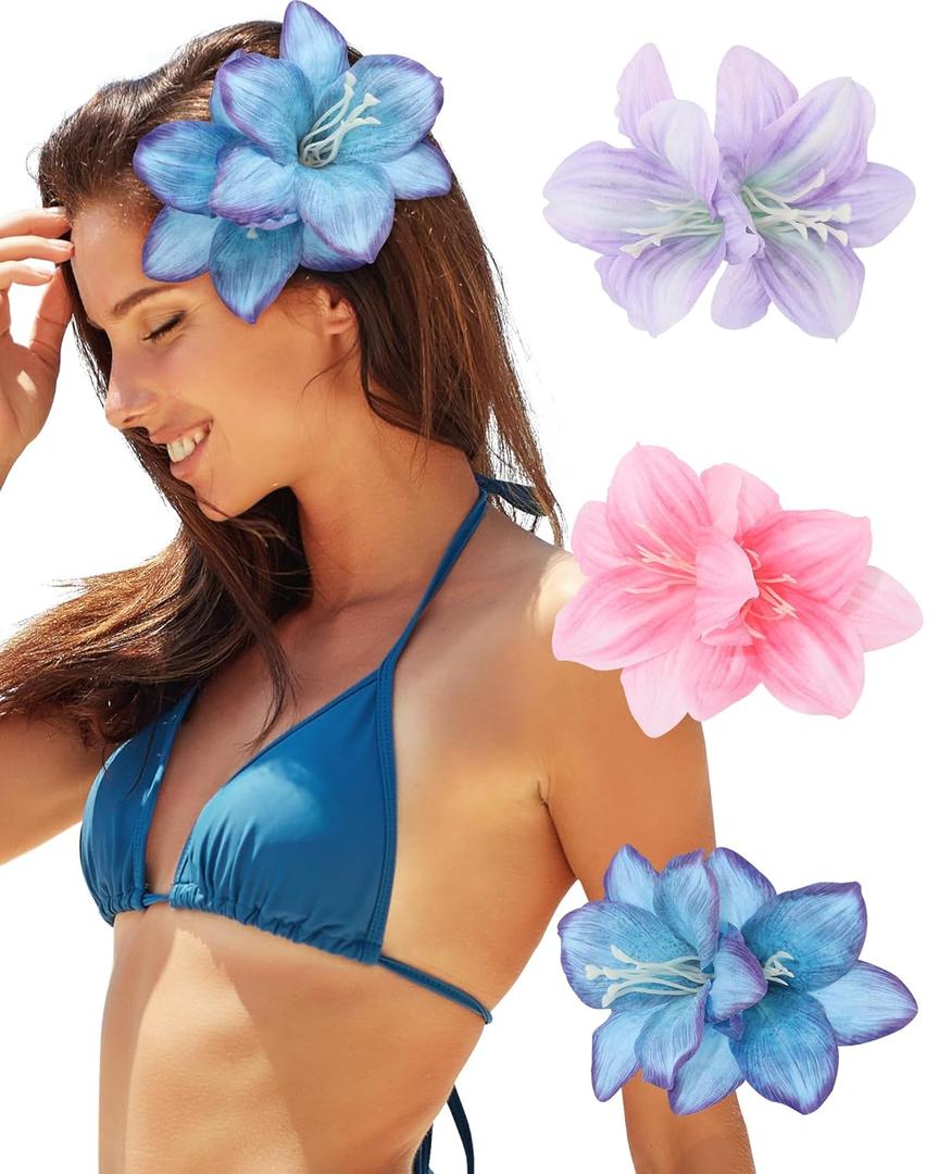 3 PCS Hawaiian Flower Hair Clips for Women Orchid Hair Claw Clips Artificial Hibiscus Flower Hair Barrettes for Wedding Bridal Beach Party(Pink+Purple+Blue)