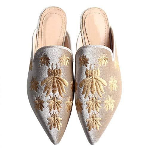 Fericzot Women's Velvet Backless Pointed Toe Slip On Loafers Flats Embroidery Mule Slippers Shoes Apricot, Size 7