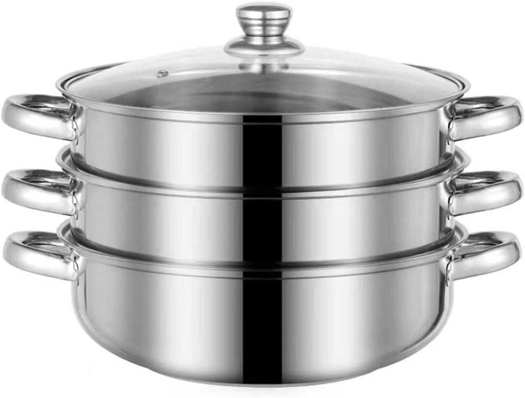 Steamer for Cooking, 5.0 Quarts Stainless Steel Steamer Pot, 3-Tier Food Steam Pots with Lid for Cooking Vegetables, Seafood, Soups, Stews and Pasta (11" - 2+1 tier)