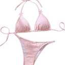 Women's Plaid Gingham Bathing Suit High Waisted Halter Triangle Swimsuit Bikini Set (Medium, Light Pink)