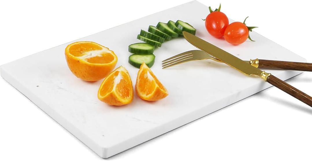 Nature Marble Cutting Board - 12 * 8 Inch Polished Stone Cutting Board Countertop, Stone Charcuterie Tray with Non-Slip Base for Kitchen, Gift for Grill Masters, Baking Lover and Home Chefs (White)