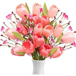 Yen Jean 16 Bundles Summer Artificial Fake Tulips Decor - Faux Flowers Bouquet Floral Picks Easter March Decorations for Home Vase Wedding Table Centerpieces