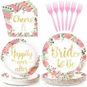 Grencian 96 Pcs Bachelorette Party Decorations Rose Gold Bride Shower Plates and Napkins Bride to Be Tableware Pink Flower and Gold Bachelorette Party Supplies for Engagement Wedding Party Favors