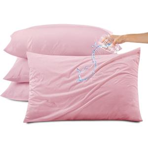 Kingrest Waterproof & Noiseless Pillow Protector (Queen, Pack of 4, Pink), Breathable Pillow Covers with Zipper, Machine Washable Pillow Encasment