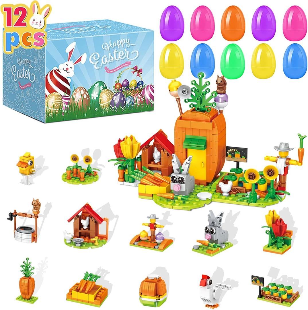 Easter Basket Stuffers Toys for Kids, Prefilled Easter Eggs Fillers with Farm Building Blocks Toys for Boys Girls Gifts Ideas Egg Hunt Party Favors Supplies