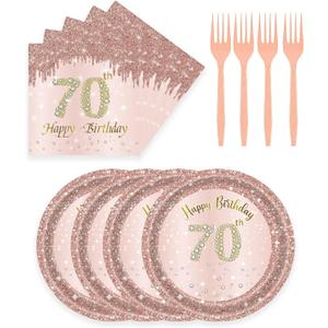 72 Pcs 70th Birthday Paper Plates and Napkins Party Supplies, Rose Gold 70th Birthday Party Plates and Napkins Tableware Set for Men Women Cheers to 70 Years Birthday Party Decorations Serves 24