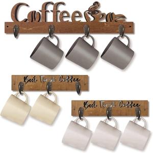 3 Pack Wall Mounted Mug Rack with 10 Sturdy Hooks, Wooden Kitchen Wall Decor, Mug Organizer for Kitchen, Coffee Bar, Office