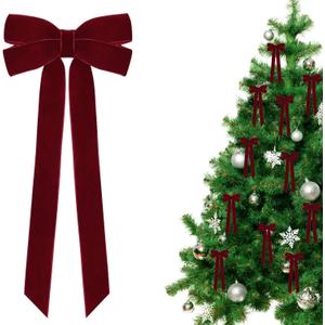 24 Pcs Red Velvet Christmas Tree Bows Door Garland Decor Vintage Wreath Bow Suitable for Christmas Trees (24PC Burgundy)