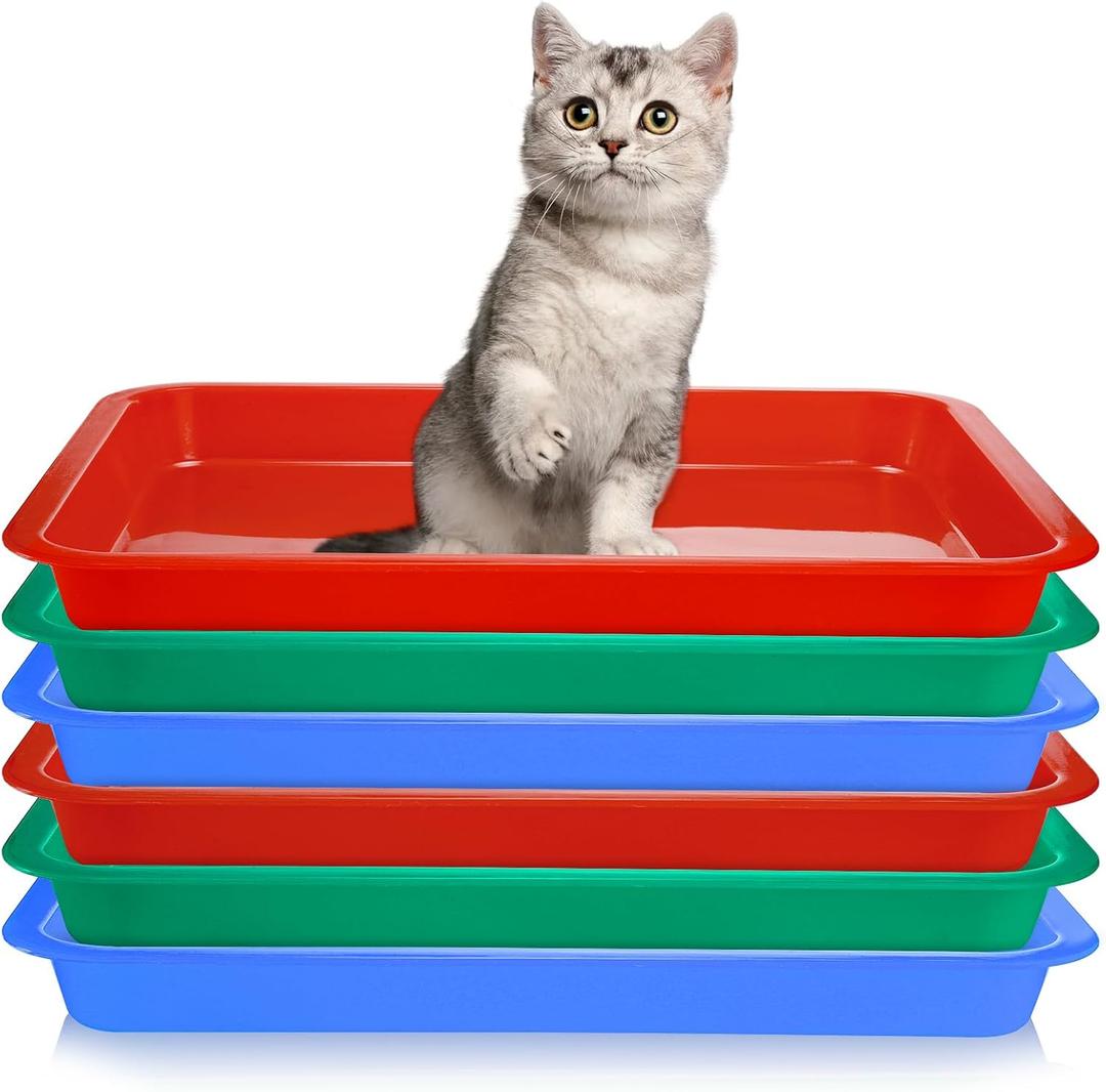 Hiceeden 6 Pcs Open Kitten Litter Box, 15.3 x 12 x 1.4 Inch Low Entry Litter Tray, Plstic Small Cat Travel Toilet Litter Pan for Rabbit, Kitty, Bunny, Large Size Plastic Art Trays, 3 Colors