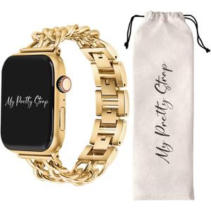 My Pretty Strap - Compatible Apple Watch Band Strap, Stainless Steel Fashion iWatch Replacement Strap- Easy Resizing, No Tool Needed, Fits Most Wrists- Compatible with Series 1-11, SE and Ultra (Double Chain Gold)