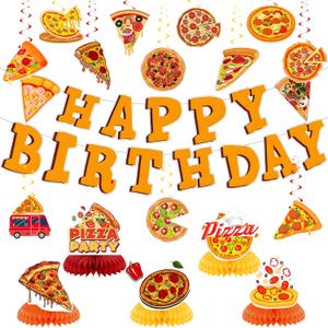 Pizza Party Decorations Pizza Game Birthday Party Decor Supplies Includes Happy Birthday Banner Military Hanging Swirls Camoflage Honeycomb Centerpiece