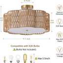 17.7" Rattan Ceiling Light Flush Mount, 3-Light Boho Close to Ceiling Light Fixtures, Rattan Bedroom Ceiling Light Farmhouse Large Drum Chandelier for Dining Room Kitchen Hallway(3-Tier Yellow)