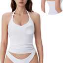SUUKSESS Halter Tank Top for Women with Built in Bra Cotton Ribbed V Neck Cami (White, S)