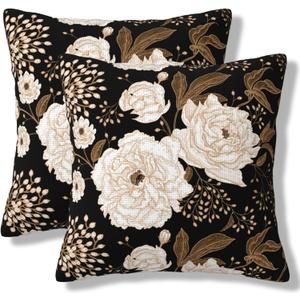 Black and Gold Flower Throw Pillow Covers Vintage Floral Botanical Aesthetic Square Pillow Cover 18x18 Inch Set of 2 Boho Floral Decorative Pillowcase Cushion Cases for Couch Sofa