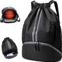 Drawstring Backpack Gymbag Water Resistant Sports Sackpack with Zipper/Shoe Compartment/Wet Pocket/Mesh Pockets Gym Sack for Women Men Lightweight String Bag for Travel Soccer Swim, Black