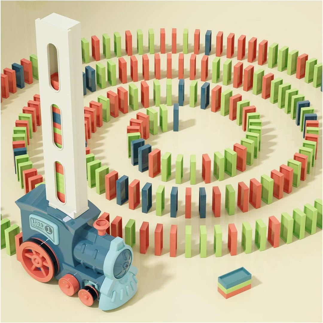 Domino Train Toys Kids Games - Automatic Stacking Creative Game 3+ Year Old - Stem Montessori Toy for Boys 4-6 - Summer Autistic Christmas Birthday Gifts 5 6 Toddler Ages 4-8 (Morandi Blue)