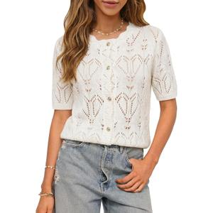 Womens Summer Crochet Cardigan Tops Short Sleeve Casual Knit Blouses Hollow Out Crew Neck Button Down Sweater Shirts (XL)