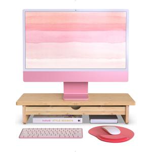 Bamboo Monitor Stand with Large Storage Drawer,23 Inch Ergonomic Computer Riser for Desk, Holds Up to 220lbs, Screen Shelf with 5 Compartments for Keyboard & Stationery Organization