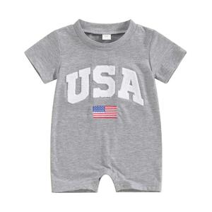 COORALLY 4th of July Baby Boy Girl Outfit Fuzzy Letter Flag Embroidery Rompers Crew Neck Short Sleeve Bodysuits (Gray, 6-12 Months) (Gray)
